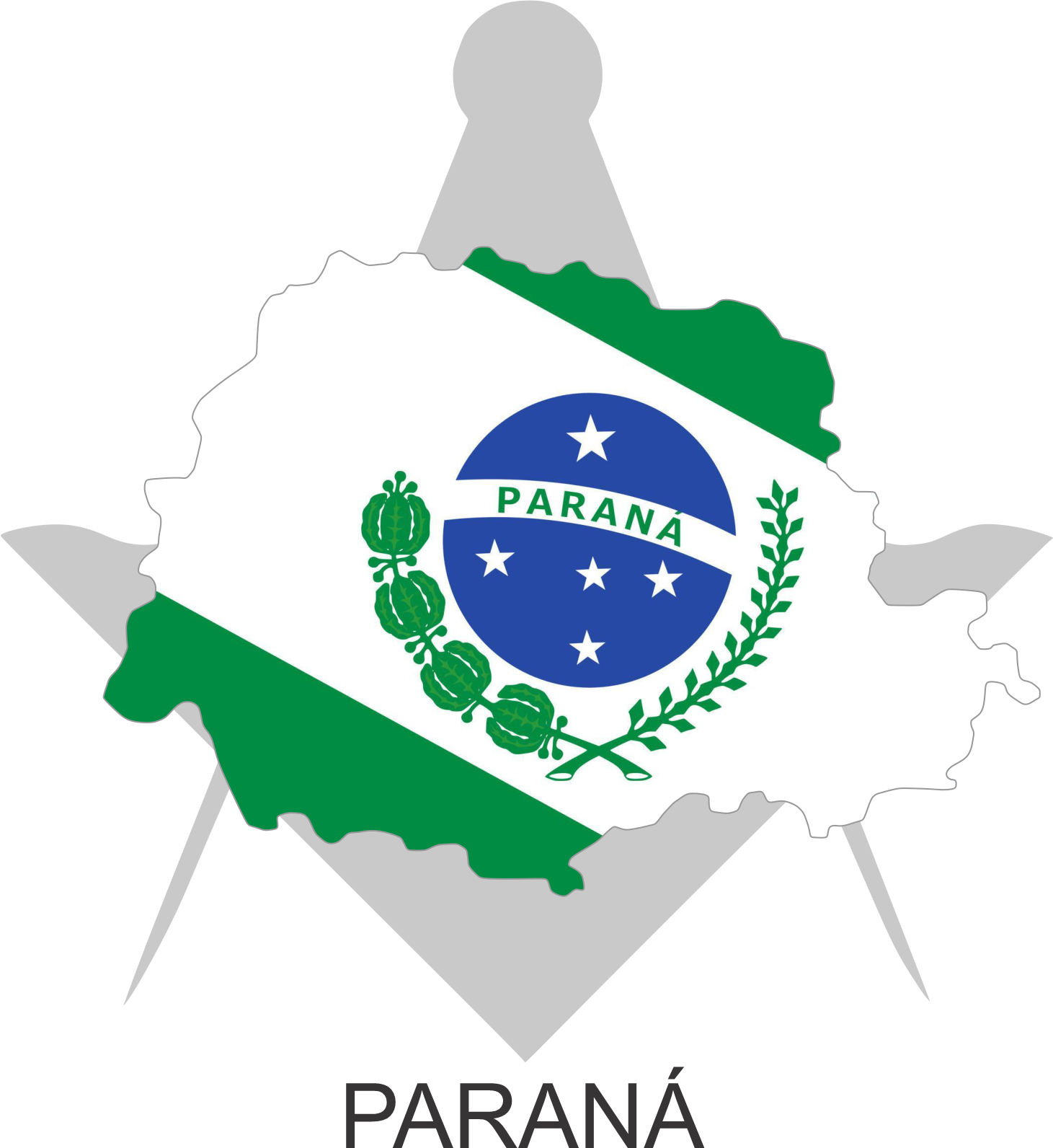 Bandeira do Estado do Paraná sobre um esquadro e compasso