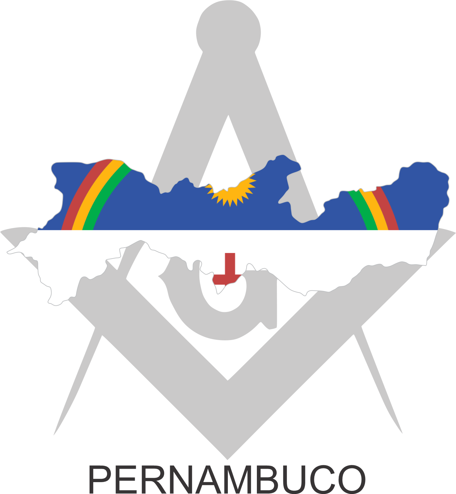 Bandeira do Estado de Pernambuco sobre um esquadro e compasso