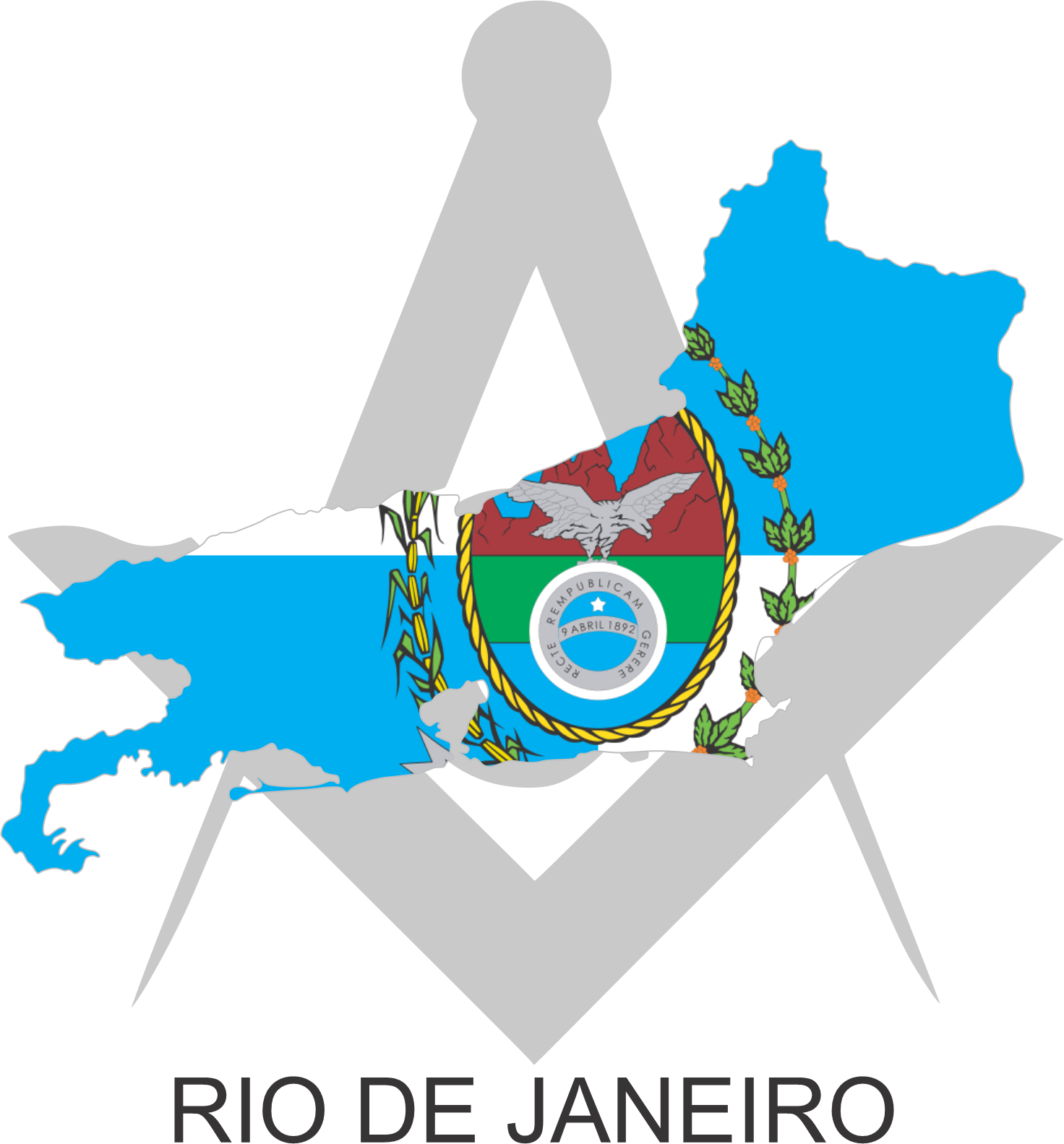 Bandeira do Estado do Rio de Janeiro sobre um esquadro e compasso