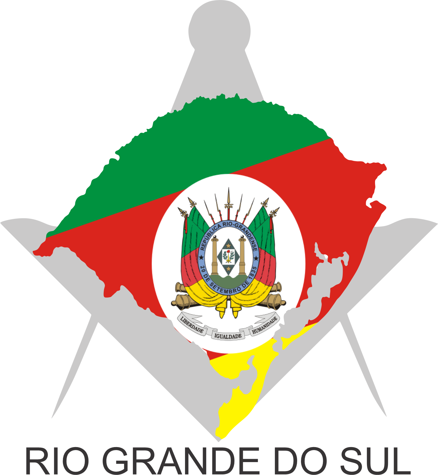 Bandeira do Rio Grande do Sul sobre um esquadro e compasso