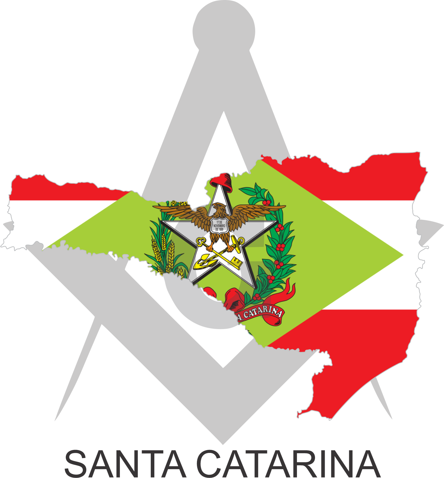 Bandeira do Estado de Santa Catarina sobre um esquadro e compasso
